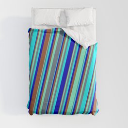 [ Thumbnail: Colorful Aquamarine, Slate Gray, Cyan, Blue & Sienna Colored Striped/Lined Pattern Duvet Cover ]