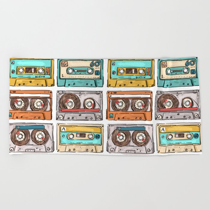 Vintage retro music tape cassette 1980s style disco Beach Towel