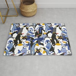 Merry penguins // black white grey dark teal yellow and coral type species of penguins electric blue dressed for winter and Christmas season (King, African, Emperor, Gentoo, Galápagos, Macaroni, Adèlie, Rockhopper, Yellow-eyed, Chinstrap) Rug