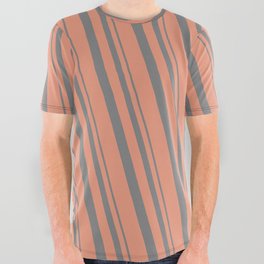 [ Thumbnail: Gray and Dark Salmon Colored Lined Pattern All Over Graphic Tee ]