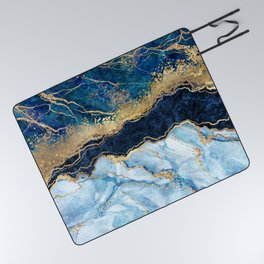 Abstract blue marble texture, gold foil and glitter decor, painted artificial indigo marbled surface, fashion marbling illustration Picnic Blanket