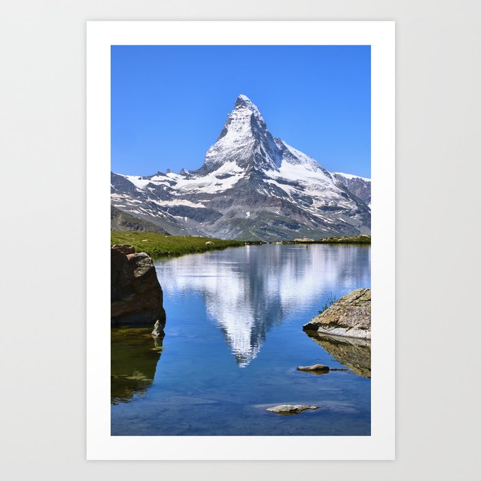 Matterhorn, 4.478 meters, and Sunnega lake. Swiss Alps. Vertical Art Print
