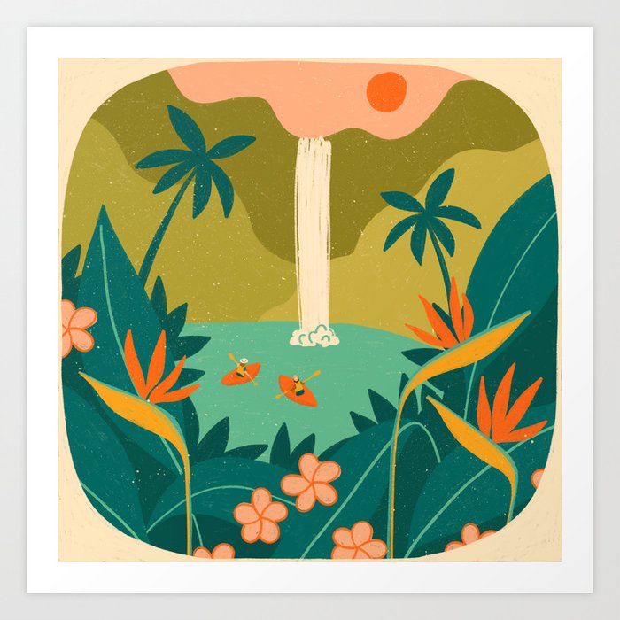 Tropical Waterfall Kayak Art Print