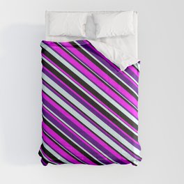 [ Thumbnail: Fuchsia, Indigo, Light Cyan & Black Colored Lines Pattern Comforter ]