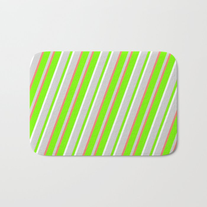 Green, White, Light Gray & Salmon Colored Striped/Lined Pattern Bath Mat