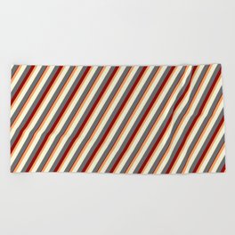 [ Thumbnail: Brown, Beige, Dim Gray, and Dark Red Colored Lined Pattern Beach Towel ]