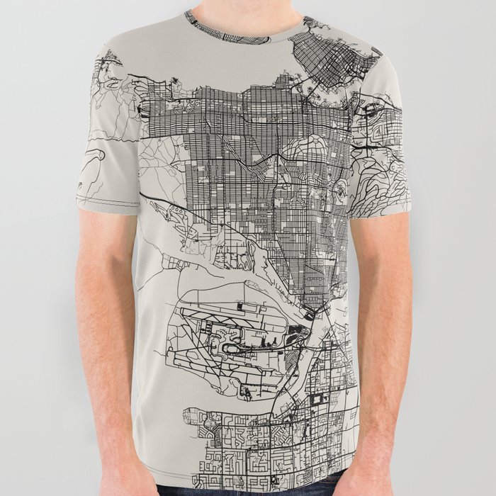 Canada, Vancouver Map - Black & White All Over Graphic Tee