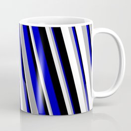 [ Thumbnail: Blue, Dark Grey, White, and Black Colored Stripes/Lines Pattern Coffee Mug ]