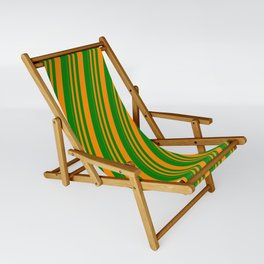 [ Thumbnail: Dark Orange & Green Colored Stripes Pattern Sling Chair ]