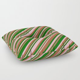 [ Thumbnail: Light Pink, Sienna, and Dark Green Colored Stripes Pattern Floor Pillow ]