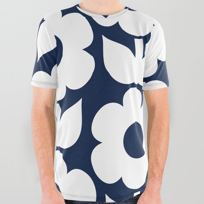 Jonnty Flowers Retro Floral Pattern in Nautical Navy Blue and White All Over Graphic Tee