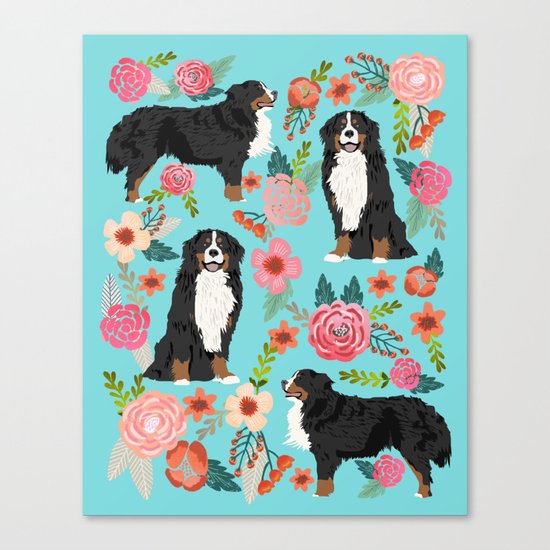 Bernese Mountain Dog pet portrait dog art illustration fur baby dog breed floral gift for dog lover Canvas Print