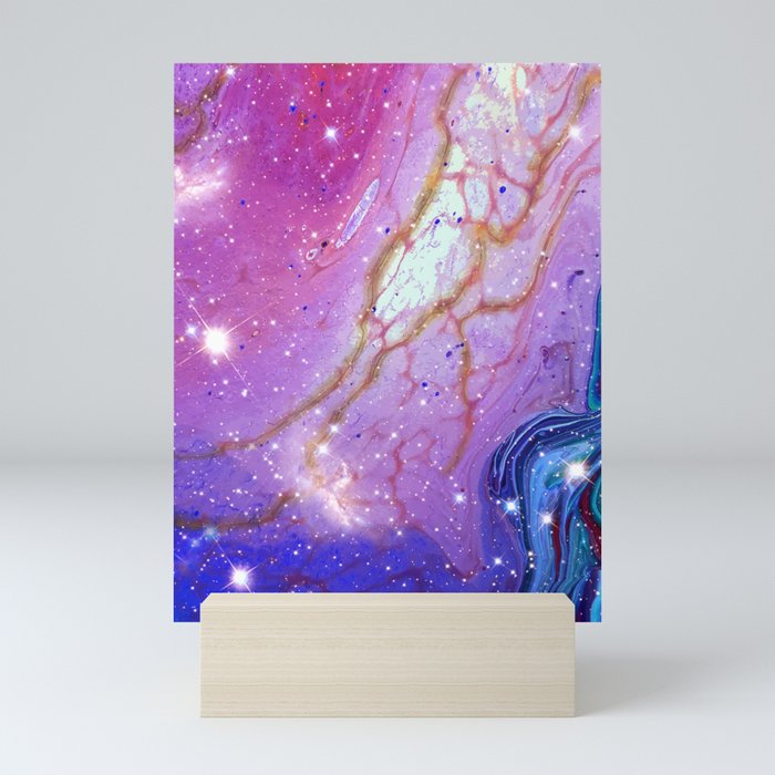 Neon marble space #2: purple, blue, stars Mini Art Print