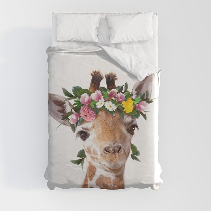 Baby Giraffe with Flower Crown, Kids Art, Baby Animals Art Print by Synplus Duvet Cover