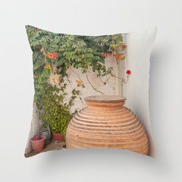 Greek Street Still Live | Terra Flower Pot | Greenery and Culture | Travel Photography on the Cycladic Islands Throw Pillow
