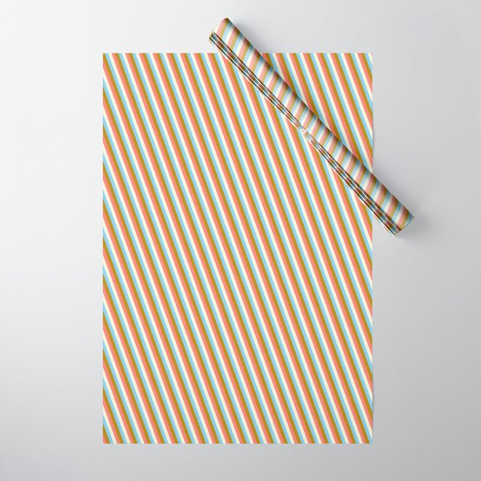 Dark Goldenrod, Salmon, Beige & Sky Blue Colored Striped/Lined Pattern Wrapping Paper