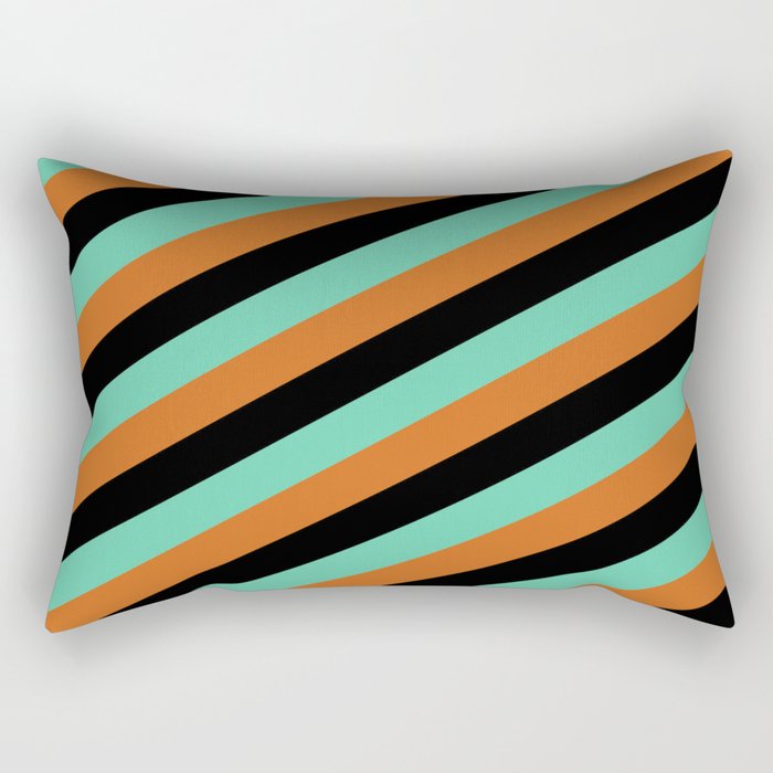 Black, Aquamarine, and Chocolate Colored Pattern of Stripes Rectangular Pillow