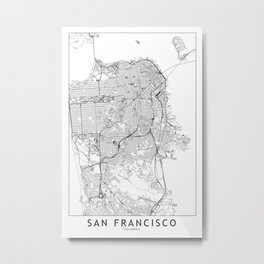 San Francisco White Map Metal Print | Architecture, Modern, Map, California, Citymap, Line, Digital, Design, Vector, Black and White 