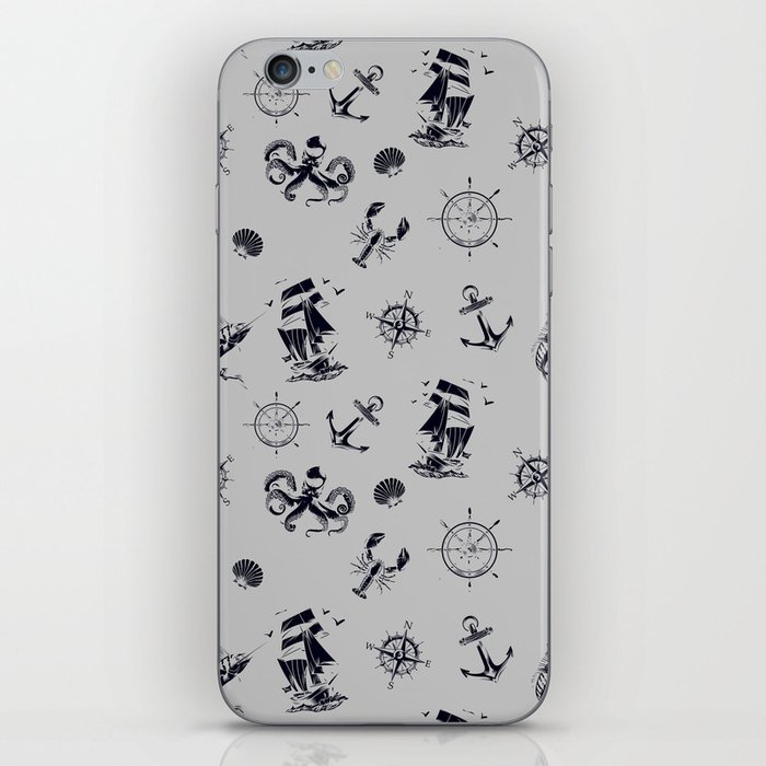 Light Grey And Blue Silhouettes Of Vintage Nautical Pattern iPhone Skin