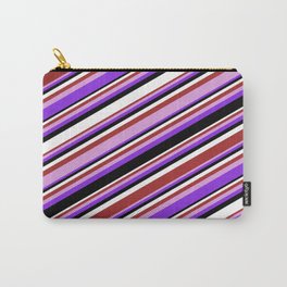 [ Thumbnail: Colorful Brown, Plum, Purple, Black, and White Colored Pattern of Stripes Carry-All Pouch ]