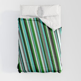 [ Thumbnail: Eyecatching Turquoise, Dim Grey, Light Cyan, Green & Black Colored Striped Pattern Comforter ]