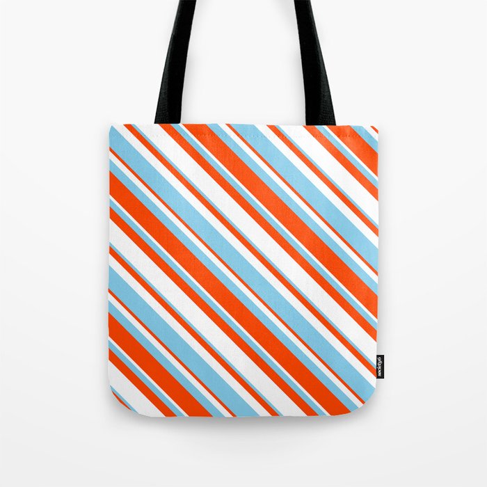Sky Blue, Red & White Colored Stripes/Lines Pattern Tote Bag