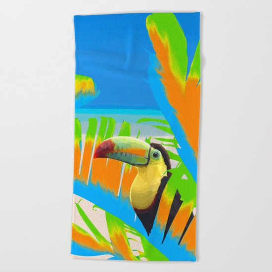 Colorful Toucans Tropical Banana Leaves Pattern Beach Towel