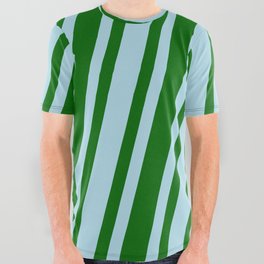 [ Thumbnail: Light Blue & Dark Green Colored Stripes Pattern All Over Graphic Tee ]