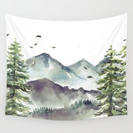 Mountain And Pine Trees Watercolor Wall Tapestry