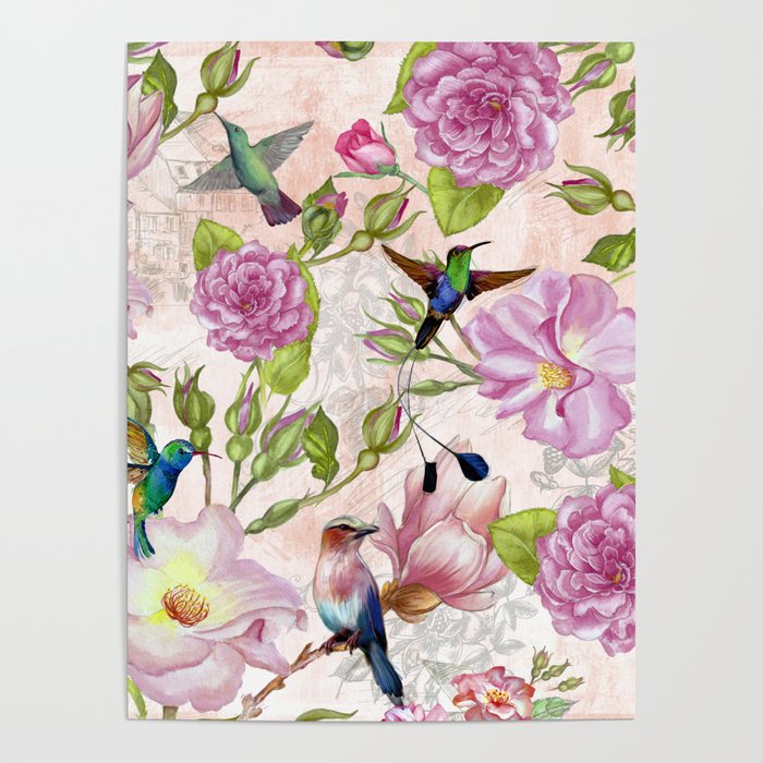 Vintage Roses and Hummingbird Pattern Poster