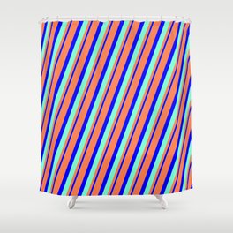 [ Thumbnail: Coral, Blue & Aquamarine Colored Striped/Lined Pattern Shower Curtain ]