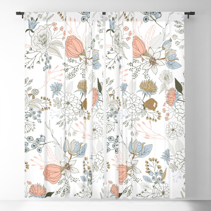 Elegant abstract coral pastel blue modern rustic floral Blackout Curtain