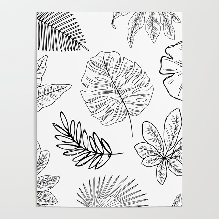 Plants and Leaves Pattern Black and White Poster