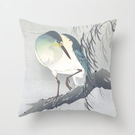 Blue Heron Sitting On A Willow Tree - Vintage Japanese Woodblock Print Art By Ohara Koson Throw Pillow