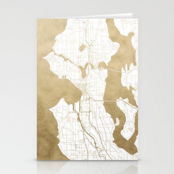 Seattle White and Gold Map Stationery Cards