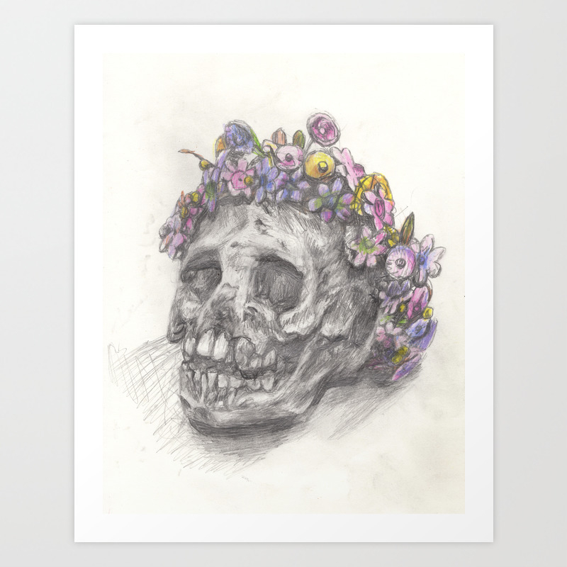 Skull With A Flower Crown Drawing Art Print