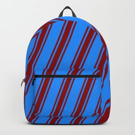 [ Thumbnail: Blue & Dark Red Colored Striped/Lined Pattern Backpack ]