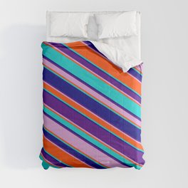 [ Thumbnail: Eyecatching Dark Turquoise, Blue, Indigo, Plum, and Red Colored Lined/Striped Pattern Comforter ]