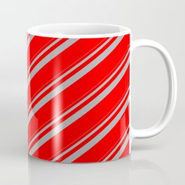 [ Thumbnail: Dark Grey and Red Colored Lined Pattern Coffee Mug ]