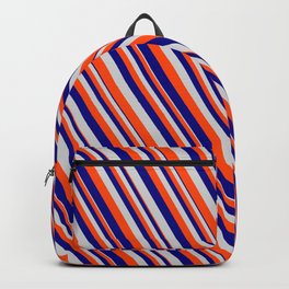 [ Thumbnail: Blue, Light Gray & Red Colored Lined Pattern Backpack ]