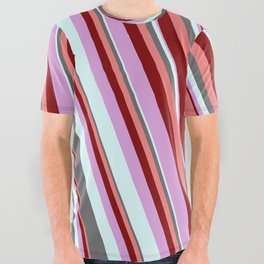 [ Thumbnail: Colorful Dim Gray, Light Coral, Maroon, Plum, and Light Cyan Colored Stripes/Lines Pattern All Over Graphic Tee ]