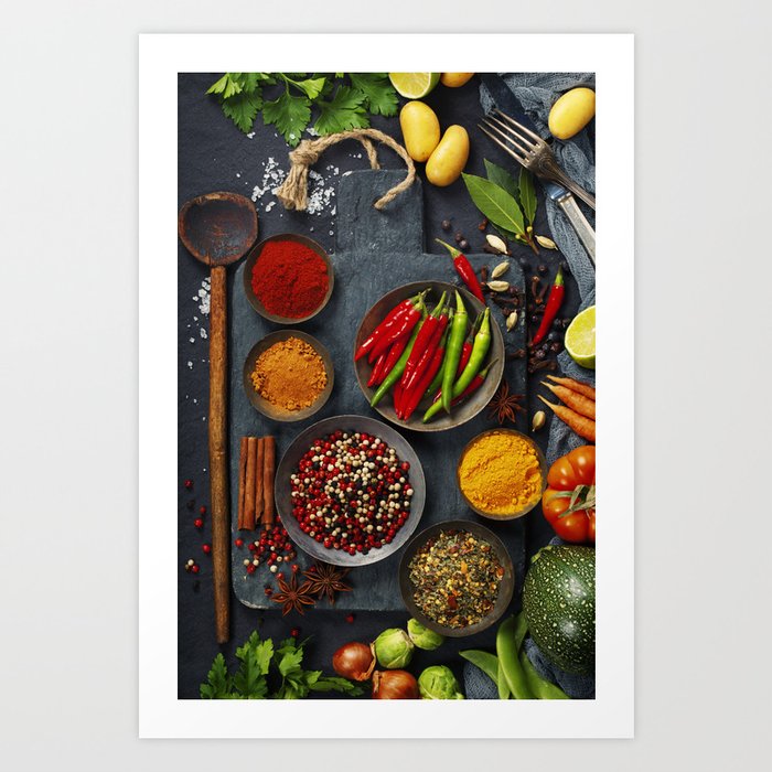 Fresh delicious ingredients for healthy cooking  on rustic background Art Print