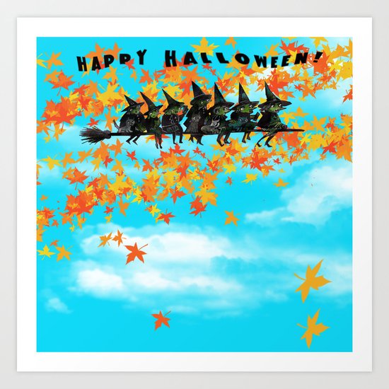 Seven Witches on a Broom. Art Print