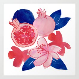 Pomegranate watercolor retro pink and blue Art Print