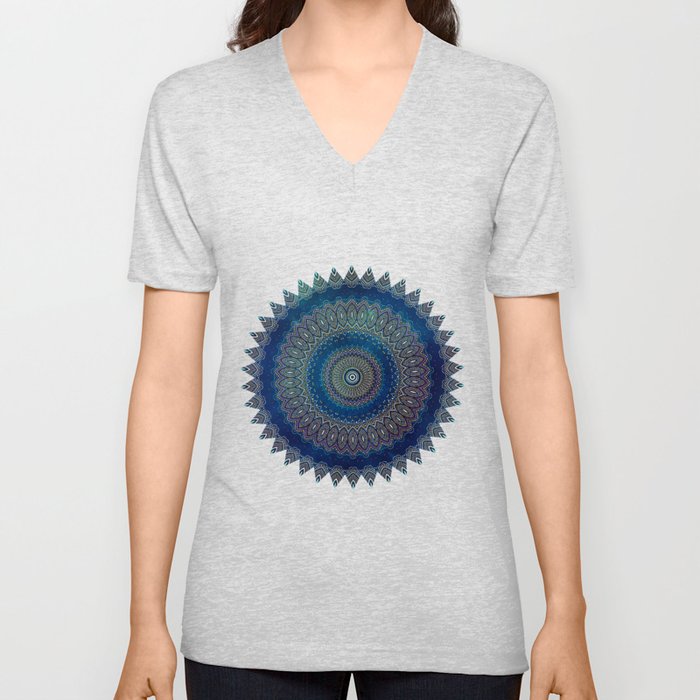 Blue Detailed Mandala Esoteric Pattern V Neck T Shirt