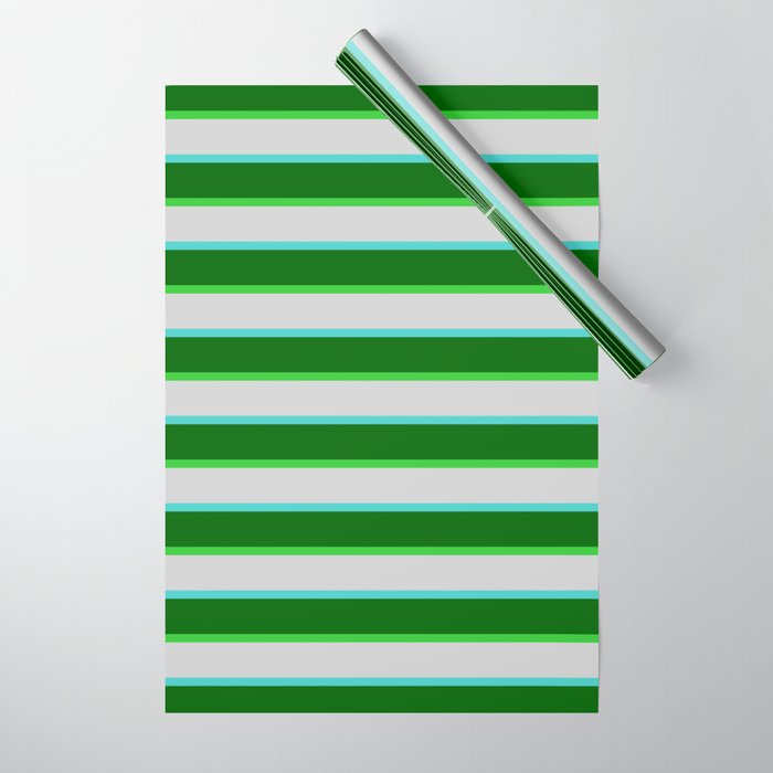 Lime Green, Light Gray, Turquoise, and Dark Green Colored Pattern of Stripes Wrapping Paper