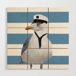 Captain Seagull on blue stripes Wood Wall Art