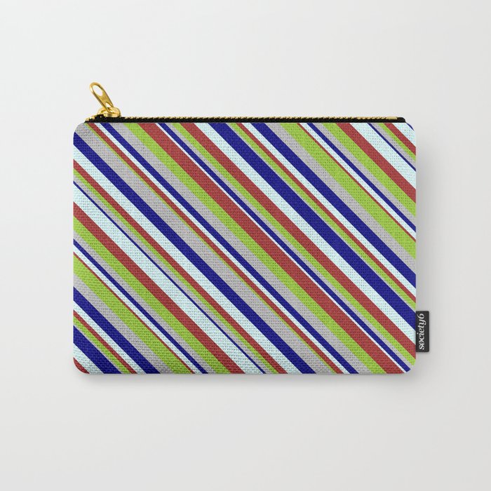 Blue, Light Cyan, Brown, Green, and Grey Colored Striped Pattern Carry-All Pouch