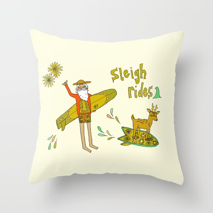 sleigh rides // surfing santa // retro surf art by surfy birdy Throw Pillow