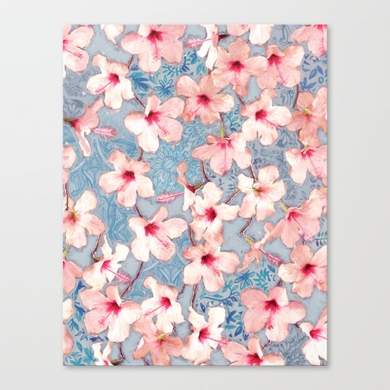 Shabby Chic Hibiscus Patchwork Pattern in Pink & Blue Canvas Print